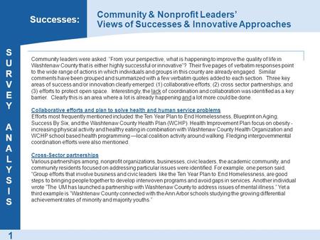 1 Successes: Community & Nonprofit Leaders’ Views of Successes & Innovative Approaches SURVEY ANALYSISSURVEY ANALYSIS Community leaders were asked: “From.