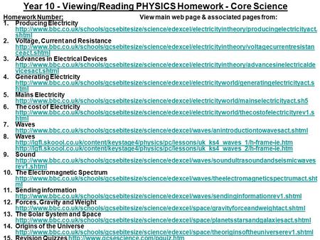 Year 10 - Viewing/Reading PHYSICS Homework - Core Science 1.Producing Electricity