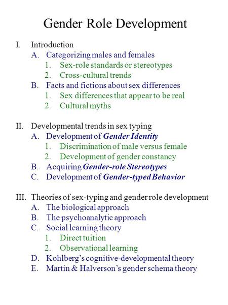 Gender Role Development I.Introduction A.Categorizing males and females 1.Sex-role standards or stereotypes 2.Cross-cultural trends B.Facts and fictions.