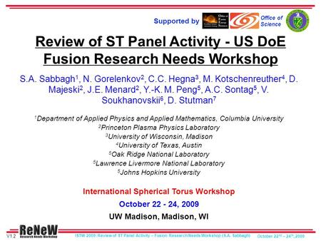 ISTW 2009: Review of ST Panel Activity – Fusion Research Needs Workshop (S.A. Sabbagh) October 22 nd – 24 th, 2009 Review of ST Panel Activity - US DoE.