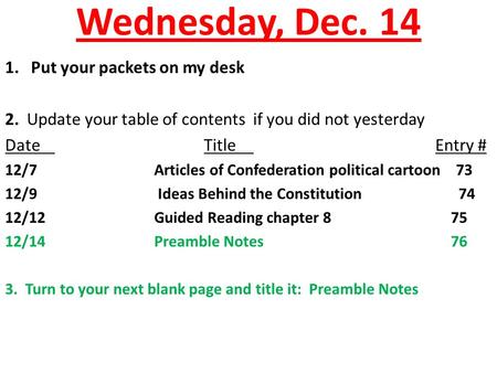 Wednesday, Dec. 14 1. Put your packets on my desk 2. Update your table of contents if you did not yesterday DateTitle Entry # 12/7Articles of Confederation.
