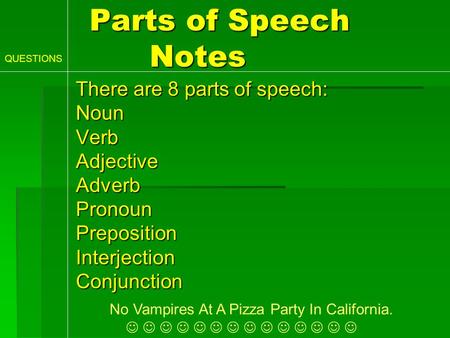Parts of Speech Notes Parts of Speech Notes There are 8 parts of speech: NounVerbAdjectiveAdverbPronounPrepositionInterjectionConjunction No Vampires At.