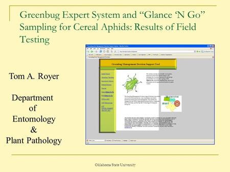 Oklahoma State University Greenbug Expert System and “Glance ‘N Go” Sampling for Cereal Aphids: Results of Field Testing Tom A. Royer Department of Entomology.
