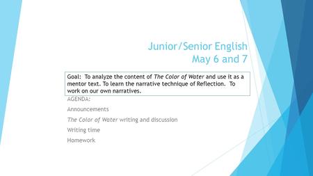 Junior/Senior English May 6 and 7 AGENDA: Announcements The Color of Water writing and discussion Writing time Homework Goal: To analyze the content of.