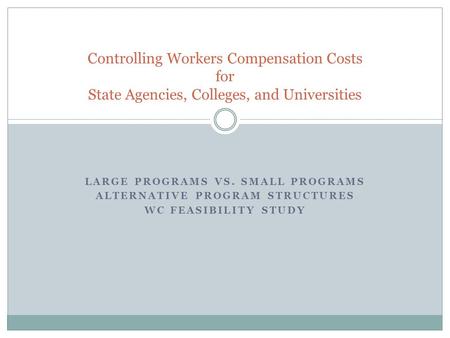 LARGE PROGRAMS VS. SMALL PROGRAMS ALTERNATIVE PROGRAM STRUCTURES WC FEASIBILITY STUDY Controlling Workers Compensation Costs for State Agencies, Colleges,