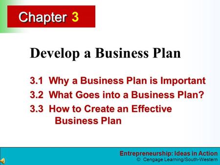 Entrepreneurship: Ideas in Action © Cengage Learning/South-Western ChapterChapter Develop a Business Plan 3.1 Why a Business Plan is Important 3.2 What.