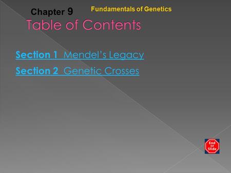 Table of Contents Section 1 Mendel’s Legacy Section 2 Genetic Crosses