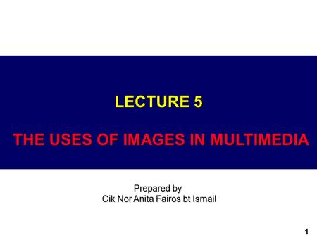 1 LECTURE 5 THE USES OF IMAGES IN MULTIMEDIA Prepared by Cik Nor Anita Fairos bt Ismail.