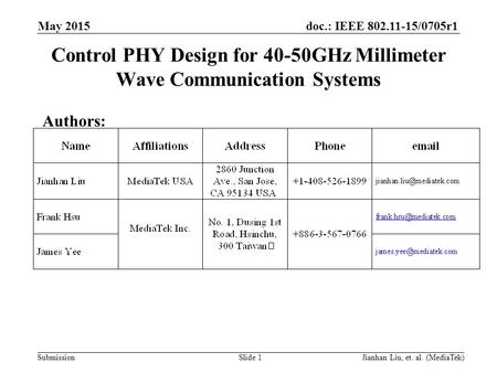 Doc.: IEEE 802.11-15/0705r1 Submission Control PHY Design for 40-50GHz Millimeter Wave Communication Systems Authors: May 2015 Slide 1Jianhan Liu, et.