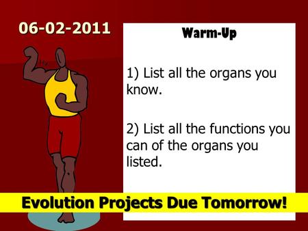 06-02-2011 Warm-Up 1) List all the organs you know. 2) List all the functions you can of the organs you listed. Evolution Projects Due Tomorrow!