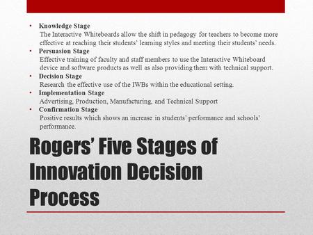 Rogers’ Five Stages of Innovation Decision Process Knowledge Stage The Interactive Whiteboards allow the shift in pedagogy for teachers to become more.