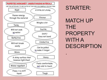 STARTER: MATCH UP THE PROPERTY WITH A DESCRIPTION.