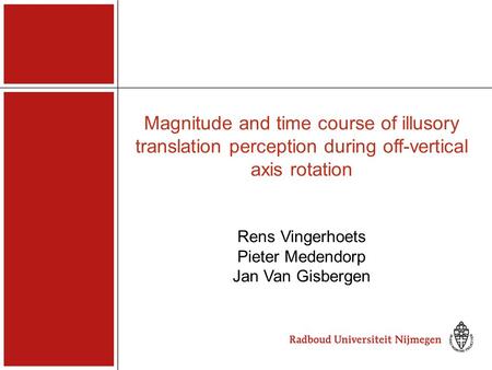 Magnitude and time course of illusory translation perception during off-vertical axis rotation Rens Vingerhoets Pieter Medendorp Jan Van Gisbergen.