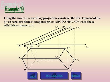 The Main Menu اPrevious اPrevious Next Using the successive auxiliary projection, construct the development of the given regular oblique tetragonal prism.