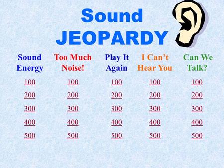 Sound JEOPARDY Sound Energy 100 200 300 400 500 Too Much Noise! 100 200 300 400 500 Play It Again 100 200 300 400 500 I Can’t Hear You 100 200 300 400.