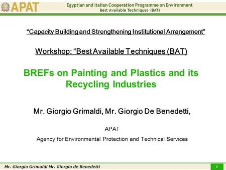 Egyptian and Italian Cooperation Programme on Environment Best Available Techniques (BAT) Mr. Giorgio Grimaldi Mr. Giorgio de Benedetti 1 Workshop: “Best.