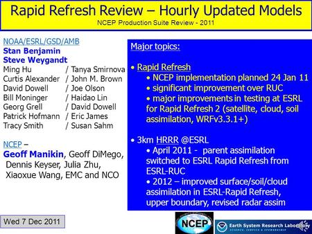 Rapid Refresh Review – Hourly Updated Models NCEP Production Suite Review - 2011 NOAA/ESRL/GSD/AMB Stan Benjamin Steve Weygandt Ming Hu / Tanya Smirnova.