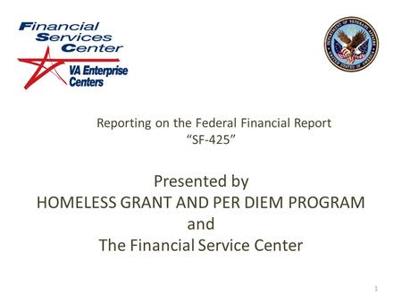 Reporting on the Federal Financial Report “SF-425” Presented by HOMELESS GRANT AND PER DIEM PROGRAM and The Financial Service Center 1.