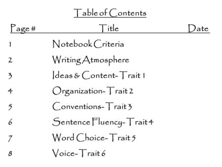 Table of Contents Page #TitleDate 1Notebook Criteria 2Writing Atmosphere 3Ideas & Content- Trait 1 4Organization- Trait 2 5Conventions- Trait 3 6Sentence.