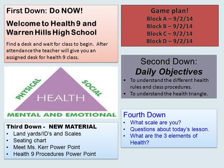 First Down: Do NOW! Welcome to Health 9 and Warren Hills High School Find a desk and wait for class to begin. After attendance the teacher will give you.