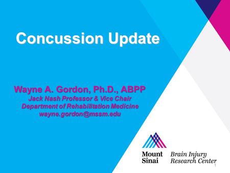 Concussion Update Wayne A. Gordon, Ph.D., ABPP Jack Nash Professor & Vice Chair Department of Rehabilitation Medicine 1.