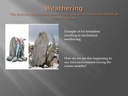 Example of ice formation resulting in mechanical weathering. How do we see this happening in our own environment during the winter months?