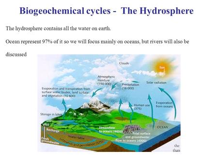 Biogeochemical cycles - The Hydrosphere The hydrosphere contains all the water on earth. Ocean represent 97% of it so we will focus mainly on oceans, but.