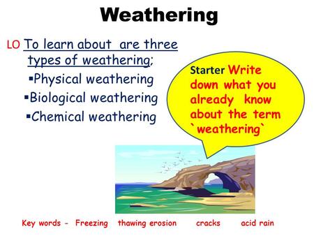 Weathering LO To learn about are three types of weathering;  Physical weathering  Biological weathering  Chemical weathering Starter Write down what.
