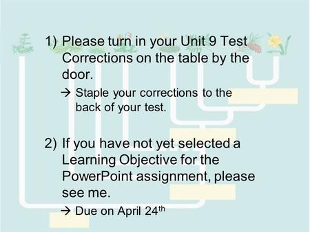 1)Please turn in your Unit 9 Test Corrections on the table by the door.  Staple your corrections to the back of your test. 2)If you have not yet selected.