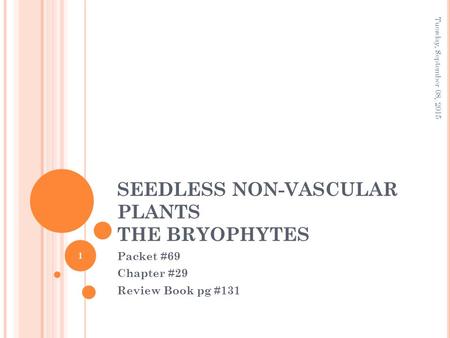 SEEDLESS NON-VASCULAR PLANTS THE BRYOPHYTES Packet #69 Chapter #29 Review Book pg #131 Tuesday, September 08, 2015 1.