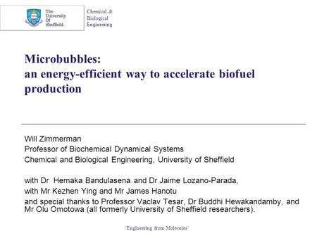 Chemical & Biological Engineering ‘Engineering from Molecules’ Microbubbles: an energy-efficient way to accelerate biofuel production Will Zimmerman Professor.