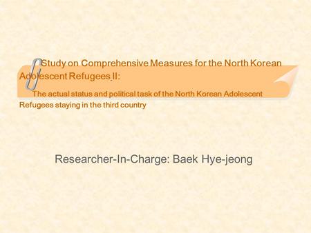 Study on Comprehensive Measures for the North Korean Adolescent Refugees Ⅱ : The actual status and political task of the North Korean Adolescent Refugees.