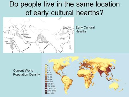 Do people live in the same location of early cultural hearths? Early Cultural Hearths Current World Population Density.