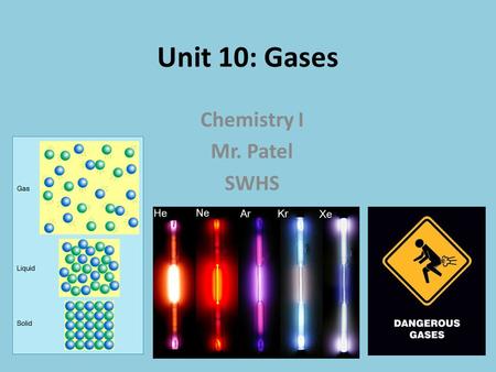 Unit 10: Gases Chemistry I Mr. Patel SWHS. Topic Outline MUST have a scientific calculator (not graphing)!! Properties of Gases (13.1, 14.1) Kinetic Molecular.
