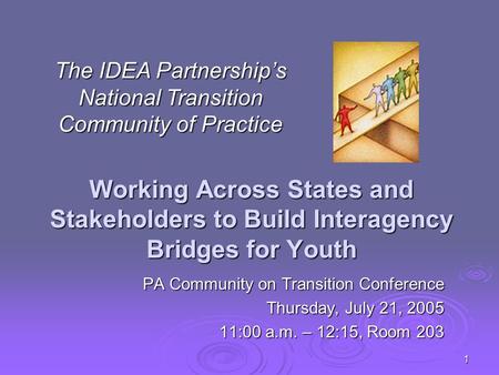 1 Working Across States and Stakeholders to Build Interagency Bridges for Youth PA Community on Transition Conference Thursday, July 21, 2005 11:00 a.m.