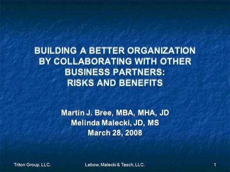 Triton Group, LLC.Lebow, Malecki & Tasch, LLC.1 BUILDING A BETTER ORGANIZATION BY COLLABORATING WITH OTHER BUSINESS PARTNERS: RISKS AND BENEFITS Martin.