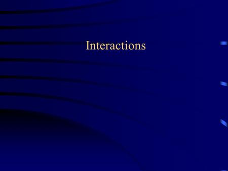 Interactions. 2 Objects communicate with each other by sending messages. Sending a message is another name for a member function call. –Some C++ examples.