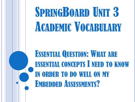 S PRING B OARD U NIT 3 A CADEMIC V OCABULARY E SSENTIAL Q UESTION : W HAT ARE ESSENTIAL CONCEPTS I NEED TO KNOW IN ORDER TO DO WELL ON MY E MBEDDED A SSESSMENTS.