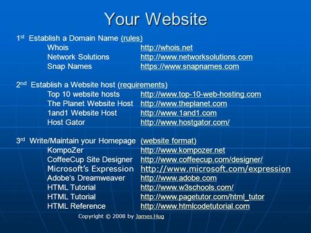Your Website 1 st Establish a Domain Name (rules)(rules) Whoishttp://whois.nethttp://whois.net Network Solutionshttp://www.networksolutions.comhttp://www.networksolutions.com.