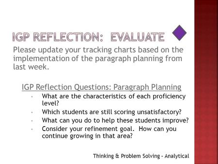 Please update your tracking charts based on the implementation of the paragraph planning from last week. IGP Reflection Questions: Paragraph Planning What.