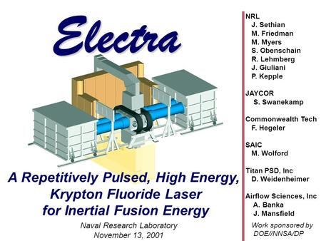 Naval Research Laboratory November 13, 2001 Electra title page A Repetitively Pulsed, High Energy, Krypton Fluoride Laser for Inertial Fusion Energy Electra.