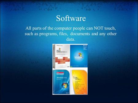 Software All parts of the computer people can NOT touch, such as programs, files, documents and any other data.