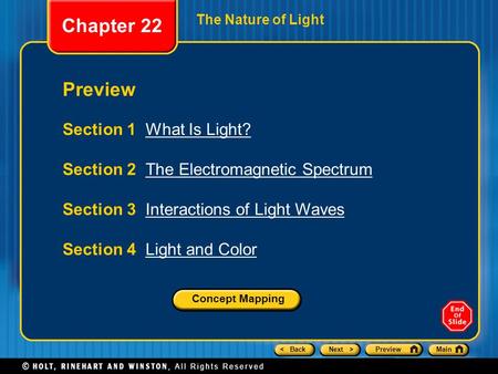 Chapter 22 Preview Section 1 What Is Light?