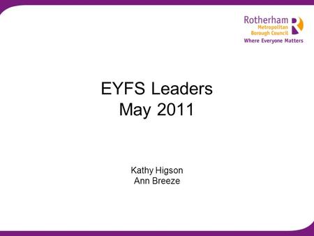 EYFS Leaders May 2011 Kathy Higson Ann Breeze. Programme Welcome and introductions Update on SEN and the DDA The Early Years: Foundations for life, health.