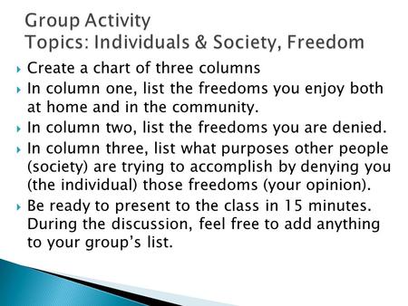  Create a chart of three columns  In column one, list the freedoms you enjoy both at home and in the community.  In column two, list the freedoms you.