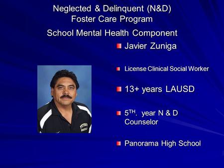 Neglected & Delinquent (N&D) Foster Care Program School Mental Health Component Javier Zuniga License Clinical Social Worker 13+ years LAUSD 5TH. year.