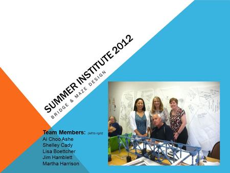 SUMMER INSTITUTE 2012 BRIDGE & MAZE DESIGN Team Members: (left to right) Ai Choo Ashe Shelley Cady Lisa Boettcher Jim Hamblett Martha Harrison.