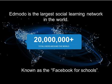 Edmodo is the largest social learning network in the world. 20,000,000+ TOTAL USERS AROUND THE WORLD Known as the “Facebook for schools”.