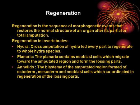 Regeneration Regeneration is the sequence of morphogenetic events that restores the normal structure of an organ after its partial or total amputation.