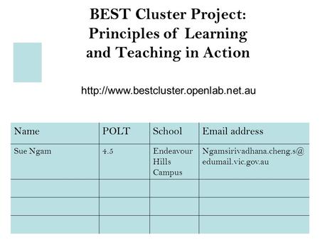 BEST Cluster Project: Principles of Learning and Teaching in Action  NamePOLTSchool address Sue Ngam4.5Endeavour.